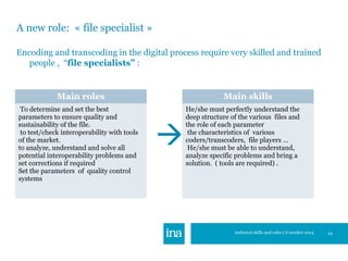 A new role: « file specialist » 
Encoding and transcoding in the digital process require very skilled and trained 
people ...