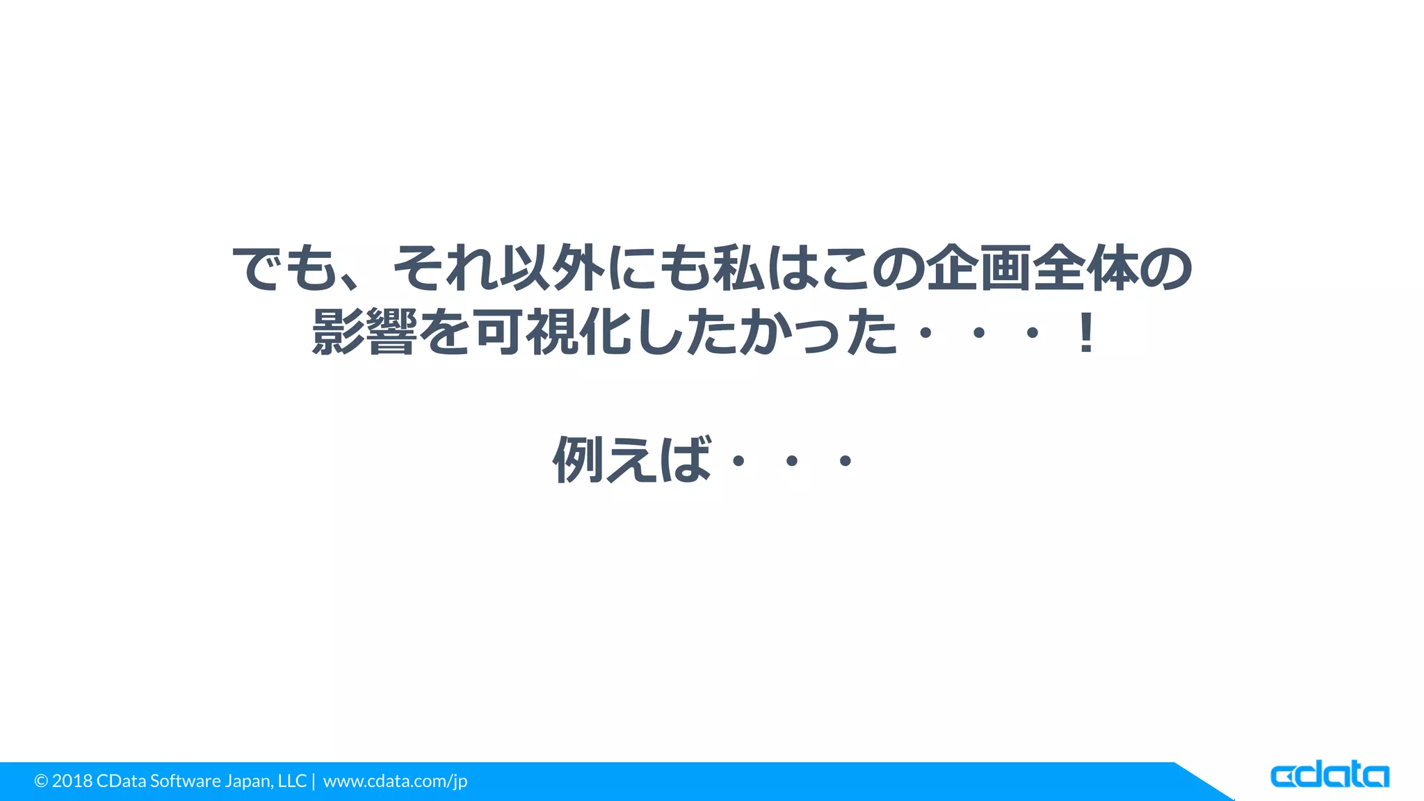 © 2018 CData Software Japan, LLC | www.cdata.com/jp
でも、それ以外にも私はこの企画全体の
影響を可視化したかった・・・！
例えば・・・
 