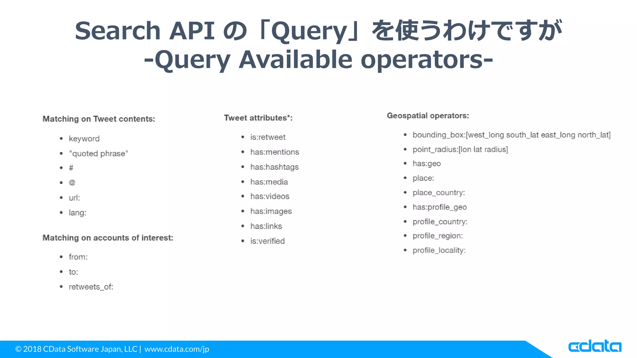 © 2018 CData Software Japan, LLC | www.cdata.com/jp
Search API の「Query」を使うわけですが
-Query Available operators-
 