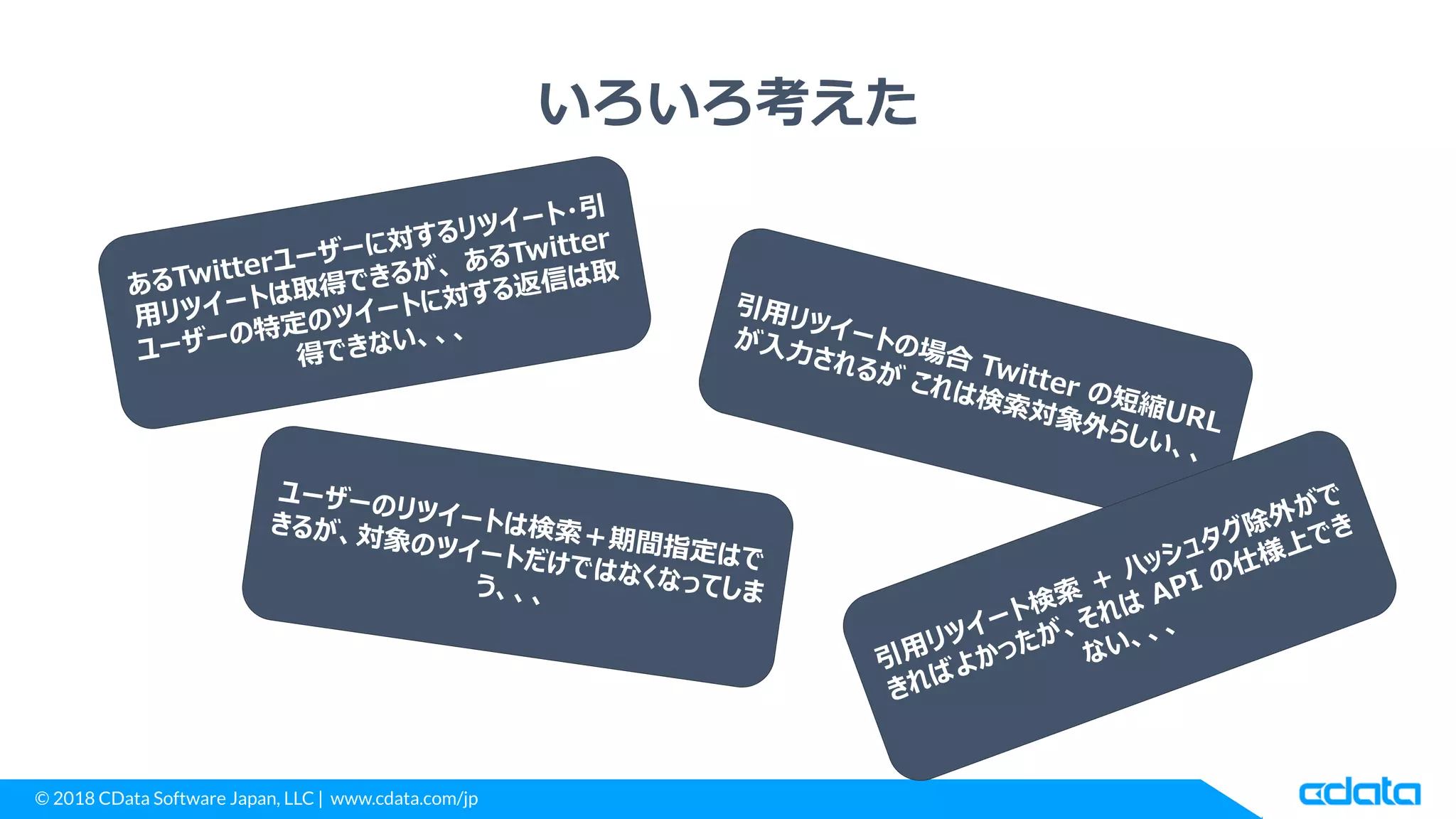 © 2018 CData Software Japan, LLC | www.cdata.com/jp
いろいろ考えた
 