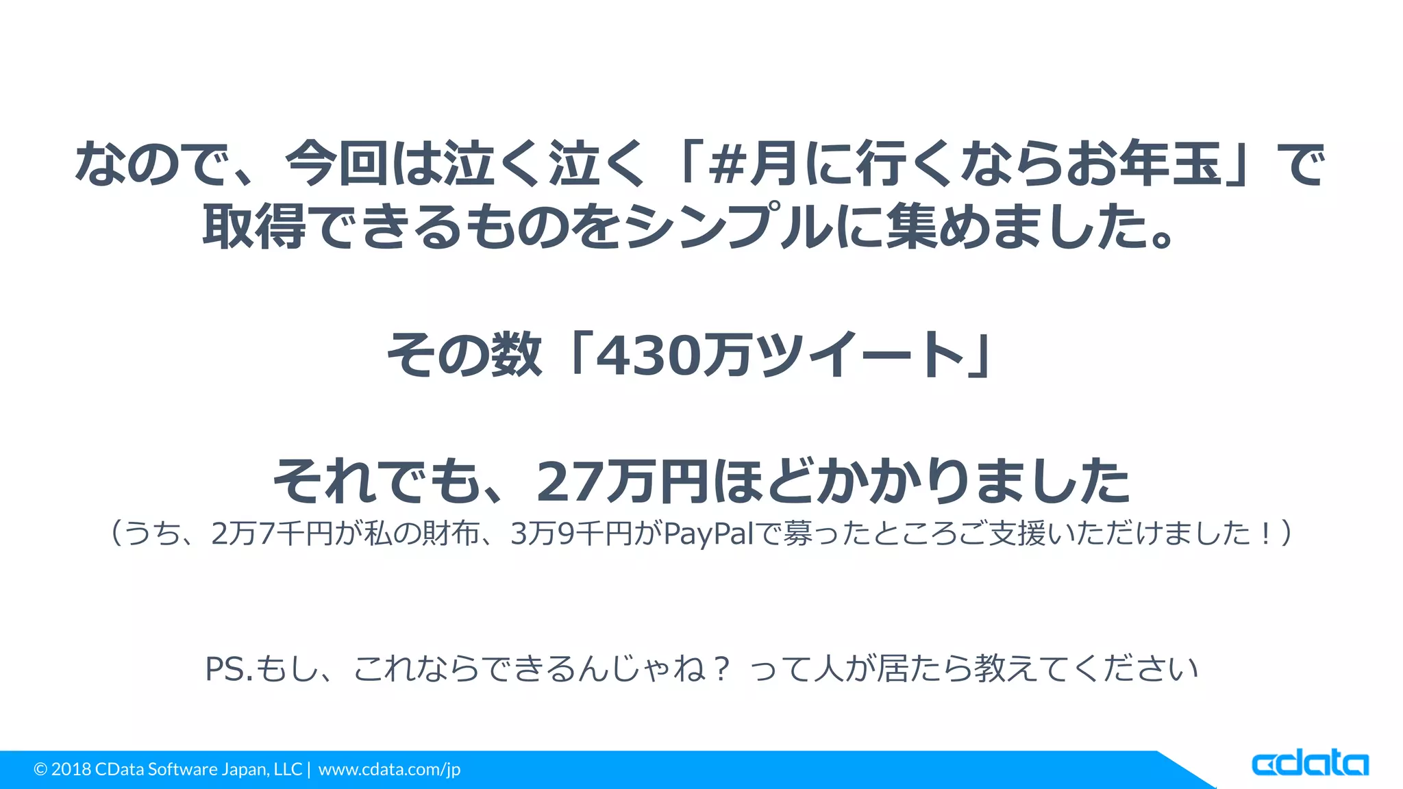 © 2018 CData Software Japan, LLC | www.cdata.com/jp
なので、今回は泣く泣く「#月に行くならお年玉」で
取得できるものをシンプルに集めました。
その数「430万ツイート」
それでも、27万円ほどかかりました
（うち、2万7千円が私の財布、3万9千円がPayPalで募ったところご支援いただけました！）
PS.もし、これならできるんじゃね？ って人が居たら教えてください
 