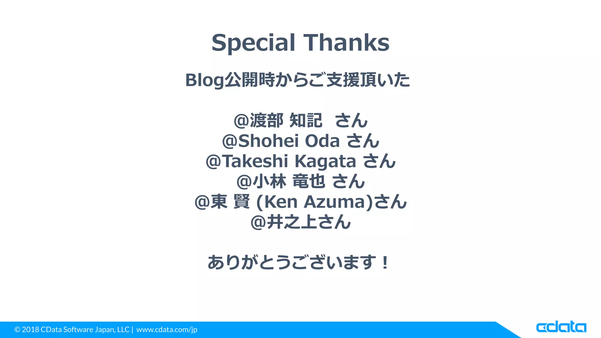 © 2018 CData Software Japan, LLC | www.cdata.com/jp
Special Thanks
Blog公開時からご支援頂いた
@渡部 知記 さん
@Shohei Oda さん
@Takeshi Kagata さん
@小林 竜也 さん
@東 賢 (Ken Azuma)さん
@井之上さん
ありがとうございます！
 