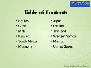 Table of Contents
• Bhutan         • Japan
• Cuba           • Iceland
• Mali           • Thailand
• Kuwait         • Western Samoa
• South Africa   • Mexico
• Mongolia       • United States



                                   2
 