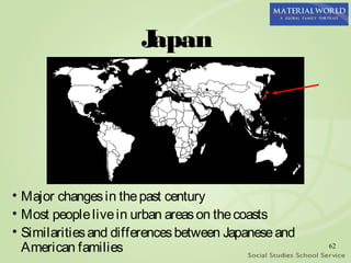 Japan




• Major changes in the past century
• Most people live in urban areas on the coasts
• Similarities and differences between Japanese and
  American families                                   62
 