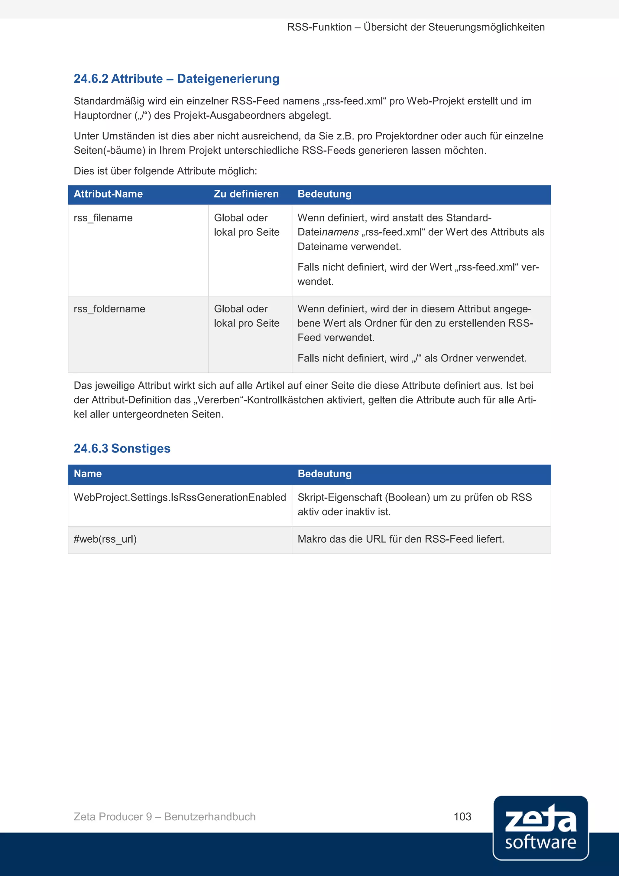 RSS-Funktion – Übersicht der Steuerungsmöglichkeiten




24.6.2 Attribute – Dateigenerierung
Standardmäßig wird ein einzelner RSS-Feed namens „rss-feed.xml“ pro Web-Projekt erstellt und im
Hauptordner („/“) des Projekt-Ausgabeordners abgelegt.
Unter Umständen ist dies aber nicht ausreichend, da Sie z.B. pro Projektordner oder auch für einzelne
Seiten(-bäume) in Ihrem Projekt unterschiedliche RSS-Feeds generieren lassen möchten.
Dies ist über folgende Attribute möglich:

Attribut-Name                    Zu definieren       Bedeutung

rss_filename                     Global oder         Wenn definiert, wird anstatt des Standard-
                                 lokal pro Seite     Dateinamens „rss-feed.xml“ der Wert des Attributs als
                                                     Dateiname verwendet.
                                                     Falls nicht definiert, wird der Wert „rss-feed.xml“ ver-
                                                     wendet.

rss_foldername                   Global oder         Wenn definiert, wird der in diesem Attribut angege-
                                 lokal pro Seite     bene Wert als Ordner für den zu erstellenden RSS-
                                                     Feed verwendet.
                                                     Falls nicht definiert, wird „/“ als Ordner verwendet.

Das jeweilige Attribut wirkt sich auf alle Artikel auf einer Seite die diese Attribute definiert aus. Ist bei
der Attribut-Definition das „Vererben“-Kontrollkästchen aktiviert, gelten die Attribute auch für alle Arti-
kel aller untergeordneten Seiten.


24.6.3 Sonstiges
Name                                                 Bedeutung

WebProject.Settings.IsRssGenerationEnabled           Skript-Eigenschaft (Boolean) um zu prüfen ob RSS
                                                     aktiv oder inaktiv ist.

#web(rss_url)                                        Makro das die URL für den RSS-Feed liefert.




Zeta Producer 9 – Benutzerhandbuch                                                       103
 