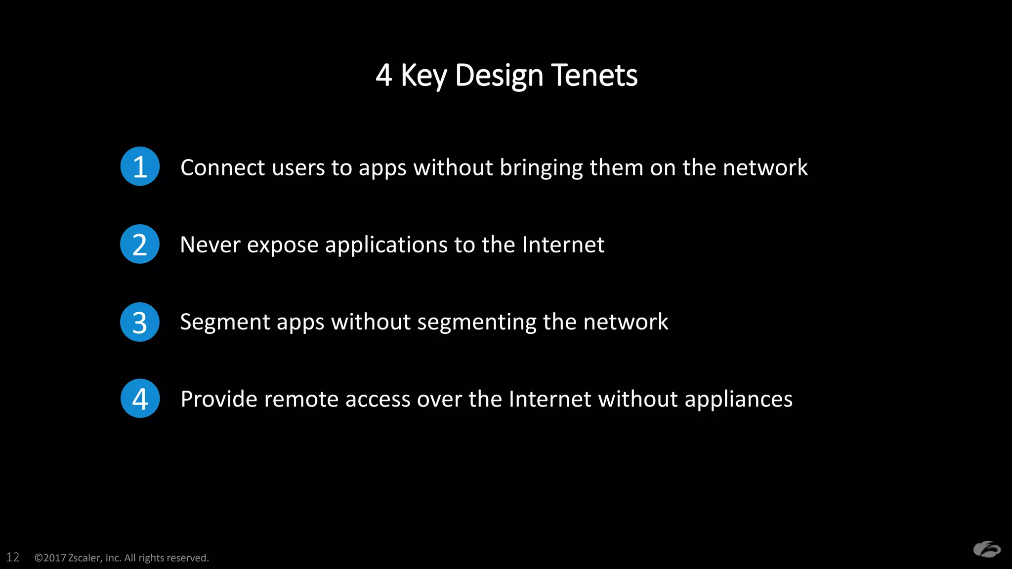 ©2017 Zscaler, Inc. All rights reserved.12
4 Key Design Tenets
1 Connect users to apps without bringing them on the network
2 Never expose applications to the Internet
3 Segment apps without segmenting the network
4 Provide remote access over the Internet without appliances
 