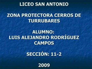 LICEO SAN ANTONIO ZONA PROTECTORA CERROS DE TURRUBARES ALUMNO:  LUIS ALEJANDRO RODRÍGUEZ CAMPOS SECCIÓN: 11-2 2009 
