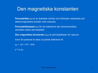 ZPE-plasmamodellen 13
Permeabilitet (μ) är en fysikalisk storhet som förbinder mekaniska och
elektromagnetiska enheter med varandra
Permeabilitetstalet (μr) för ett material är den dimensionslösa
storheten relativ permeabilitet
Den magnetiska konstanten (μ0) är permeabiliteten för vakuum
Inom SI-systemet är dess (nu)värde definierat till
μ0 = 4π×10−7 H/m
μ = μr μ0
Den magnetiska konstanten
 