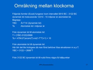ZPE-plasmamodellen 27
Omräkning mellan klockorna
Följande formler (Excel) fungerar inom intervallet 5810 BC - 3122 BC
dynamisk tid motsvarande 12310 - 10 miljoner år atomistisk tid.
Begrepp:
YBC År F Kr (dynamisk tid)
Ta Atomistisk tid i miljoner år
Från dynamisk tid till atomistisk tid:
T = (YBC-3122)/2688
Ta = 4784,6*(arcsin(T)-rot(1-T*T)+1) + 10
Från atomistisk tid till dynamisk tid:
Här blir det lite trickigare då man först behöver lösa ekvationen m a p T.
YBC = 3122 + 2688*T
Från 3122 BC dynamisk tid till nutid finns några få hållpunkter
 