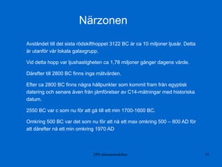 ZPE-plasmamodellen 31
Närzonen
Avståndet till det sista rödskifthoppet 3122 BC är ca 10 miljoner ljusår. Detta
är utanför vår lokala galaxgrupp.
Vid detta hopp var ljushastigheten ca 1,78 miljoner gånger dagens värde.
Därefter till 2800 BC finns inga mätvärden.
Efter ca 2800 BC finns några hållpunkter som kommit fram från egyptisk
datering och senare även från jämförelser av C14-mätningar med historiska
datum.
2550 BC var c som nu för att gå till ett min 1700-1600 BC.
Omkring 500 BC var det som nu för att nå ett max omkring 500 – 800 AD för
att därefter nå ett min omkring 1970 AD
 