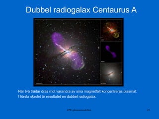 ZPE-plasmamodellen 45
Dubbel radiogalax Centaurus A
När två trådar dras mot varandra av sina magnetfält koncentreras plasmat.
I första skedet är resultatet en dubbel radiogalax.
 