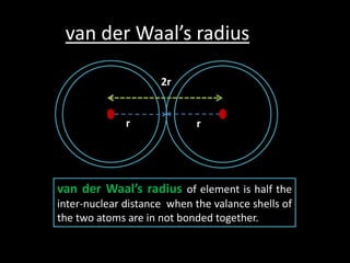 van der Waal’s radius
2r
van der Waal’s radius of element is half the
inter-nuclear distance when the valance shells of
the two atoms are in not bonded together.
r r
 