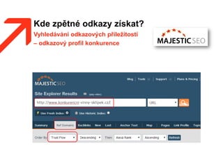 Kde zpětné odkazy získat?
Vyhledávání odkazových příležitostí
– odkazový profil konkurence
 