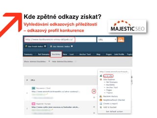 Kde zpětné odkazy získat?
Vyhledávání odkazových příležitostí
– odkazový profil konkurence
 