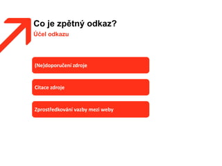 Co je zpětný odkaz?
Účel odkazu
(Ne)doporučení zdroje
Citace zdroje
Zprostředkování vazby mezi weby
 