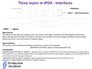 Production
Incidents
Three layers in JPDA - Interfaces
VM
Back-end
Components
Debugee
Communication Channel
Debugger
Interfaces
JVM TI -- JVM Tool Interface
JDWP – Java Debug Wire Protocol
JDI – Java Debug Interface
Front - end
UI
Agent startup
The VM starts each agent by invoking a start-up function. If the agent is started in the OnLoad phase the function
Agent_OnLoad will be invoked. If the agent is started in the live phase the function Agent_OnAttach will be invoked.
Exactly one call to a start-up function is made per agent.
Agent shutdown
This function will be called by the VM when the library is about to be unloaded.
JNIEXPORT void JNICALL Agent_OnUnload(JavaVM *vm)
Loading Agent
-agentlib:<agent-lib-name>=<options> agent-lib-name is the name of the library to load. Filename and the location is dependent on
the OS platform. For ex, -agentlib:myagent, VM will load myagent.dll file from PATH under windows. myagent.so from LD_LIBRARY_PATH for
solaris. Options can also be passed to the agent.
-agentpath:<path-to-agent>=<options> path-to-agent will have the absolute path to load the library. For ex, -
agentpath:d:myagentMyAgent.dll will load the MyAgent .dll library.
JVMTI --- Agents
 