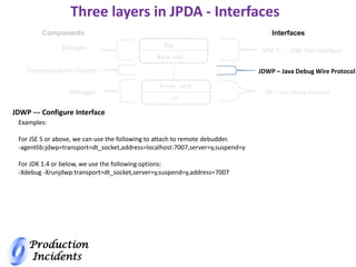 Production
Incidents
Three layers in JPDA - Interfaces
VM
Back-end
Components
Debugee
Communication Channel
Debugger
Interfaces
JVM TI -- JVM Tool Interface
JDWP – Java Debug Wire Protocol
JDI – Java Debug Interface
Front - end
UI
JDWP --- Configure Interface
Examples:
For JSE 5 or above, we can use the following to attach to remote debudder.
-agentlib:jdwp=transport=dt_socket,address=localhost:7007,server=y,suspend=y
For JDK 1.4 or below, we use the following options:
-Xdebug -Xrunjdwp:transport=dt_socket,server=y,suspend=y,address=7007
 