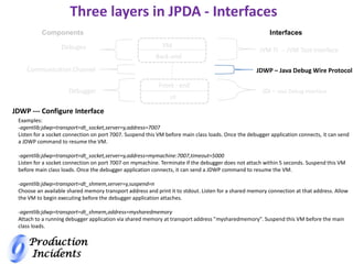 Production
Incidents
Three layers in JPDA - Interfaces
VM
Back-end
Components
Debugee
Communication Channel
Debugger
Interfaces
JVM TI -- JVM Tool Interface
JDWP – Java Debug Wire Protocol
JDI – Java Debug Interface
Front - end
UI
JDWP --- Configure Interface
Examples:
-agentlib:jdwp=transport=dt_socket,server=y,address=7007
Listen for a socket connection on port 7007. Suspend this VM before main class loads. Once the debugger application connects, it can send
a JDWP command to resume the VM.
-agentlib:jdwp=transport=dt_socket,server=y,address=mymachine:7007,timeout=5000
Listen for a socket connection on port 7007 on mymachine. Terminate if the debugger does not attach within 5 seconds. Suspend this VM
before main class loads. Once the debugger application connects, it can send a JDWP command to resume the VM.
-agentlib:jdwp=transport=dt_shmem,server=y,suspend=n
Choose an available shared memory transport address and print it to stdout. Listen for a shared memory connection at that address. Allow
the VM to begin executing before the debugger application attaches.
-agentlib:jdwp=transport=dt_shmem,address=mysharedmemory
Attach to a running debugger application via shared memory at transport address "mysharedmemory". Suspend this VM before the main
class loads.
 