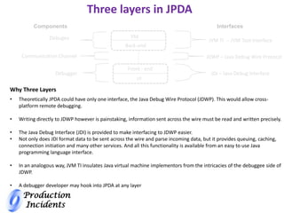 Production
Incidents
Three layers in JPDA
VM
Back-end
Components
Debugee
Communication Channel
Debugger
Interfaces
JVM TI -- JVM Tool Interface
JDWP – Java Debug Wire Protocol
JDI – Java Debug Interface
Front - end
UI
• Theoretically JPDA could have only one interface, the Java Debug Wire Protocol (JDWP). This would allow cross-
platform remote debugging.
• Writing directly to JDWP however is painstaking, information sent across the wire must be read and written precisely.
• The Java Debug Interface (JDI) is provided to make interfacing to JDWP easier.
• Not only does JDI format data to be sent across the wire and parse incoming data, but it provides queuing, caching,
connection initiation and many other services. And all this functionality is available from an easy to use Java
programming language interface.
• In an analogous way, JVM TI insulates Java virtual machine implementors from the intricacies of the debuggee side of
JDWP.
• A debugger developer may hook into JPDA at any layer
Why Three Layers
 