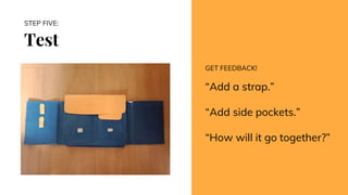 Test
STEP FIVE:
GET FEEDBACK!
“Add a strap.”
“Add side pockets.”
“How will it go together?”
 