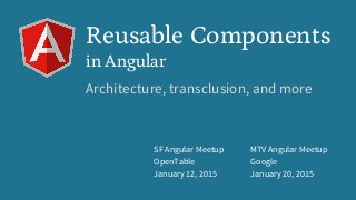 SF Angular Meetup
OpenTable
January 12, 2015
MTV Angular Meetup
Google
January 20, 2015
Reusable Components
in Angular
Architecture, transclusion, and more
 