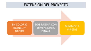 EXTENSIÓN DEL PROYECTO
EN COLOR O
BLANCO Y
NEGRO
DOS PÁGINA CON
DIMENSIONES
DINA-4
MÍNIMO 12
VIÑETAS