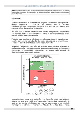 JÚLIO CESAR ARNAUD FONSECA
Observação: para cada risco identificado durante o planejamento e a elaboração da análise
financeira e econômica do projeto, deve ser apresentado o seu respectivo plano de mitigação
ou contingência.
Juntando tudo
A análise econômica e financeira dos projetos é insuficiente para garantir a
seleção adequada do conjunto de projetos para a empresa,
independentemente dos critérios utilizados, uma vez que não garante uma
execução eficaz da estratégia empresarial.
Por outro lado, a análise estratégica dos projetos não garante a rentabilidade
dos mesmos, podendo criar uma situação futura de baixa rentabilidade, ou até
mesmo, a perda de sustentabilidade.
Portanto, para identificar e selecionar os melhores projetos de investimentos –
aqueles com melhor contribuição às metas estratégicas e rentabilidade, é
necessário considerar ambas as análises conjuntamente.
A avaliação comparativa dos projetos é facilitada com a utilização do gráfico de
análise estratégica – metas x recursos, apresentado anteriormente, inserindo a
informação de rentabilidade, representado no gráfico pelo tamanho da
circunferência de cada projeto plotado.
Análise estratégica e financeira de projetos
Alternativamente, para uma avaliação que demande maior complexidade,
pode-se construir uma matriz com os projetos, informando a contribuição de
cada um às metas estratégicas, os recursos consumidos e as principais
informações econômicas e financeiras. Através da análise dessa matriz,
10
 