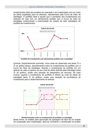 JÚLIO CESAR ARNAUD FONSECA
investimentos totais dos projetos em operação e em implantação com os níveis
de oferta projetados para os atributos, representado pela Curva de Valor da
estratégia. O portfólio ideal é aquele que o somatório dos investimentos em
atributos de valor tem um alinhamento perfeito com a Curva de Valor da
estratégia, evidenciando a maximização da criação de valor estratégico do
portfólio de investimentos.
Portfólio de investimento com alinhamento perfeito com a estratégia
Contudo, freqüentemente ocorrerão, como pode ser observado nas áreas e
do gráfico abaixo, descolamentos entre os investimentos do portfólio com a
Curva de Valor da estratégia. Quando o investimento do portfólio em um
atributo de valor é superior ao seu nível de oferta definido pela estratégia (área
do gráfico), existe uma situação de desperdício de recursos. No caso
inverso, quando o investimento do portfólio é inferior ao nível de oferta da
estratégia (área do gráfico), existe uma situação de insuficiência de
investimento para o desenvolvimento do atributo.
Desalinhamentos entre os investimentos do portfólio e a estratégia
Desta forma, na análise para aprovação de passagem de fase de um projeto
em proposição para implantação, deve-se considerar a contribuição do projeto
5
 