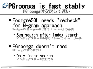 PGroonga & Zulip Powered by Rabbit 2.2.1
PGroonga is fast stably
PGroongaは安定して速い
PostgreSQL needs "recheck"
for N-gram approach
PostgreSQLはN-gramのときは「recheck」が必要
Seq search after index search
インデックスサーチのあとにシーケンシャルサーチ
PGroonga doesn't need
PGroongaでは必要ない
Only index search
インデックスサーチだけでOK
 