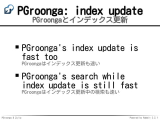 PGroonga & Zulip Powered by Rabbit 2.2.1
PGroonga: index update
PGroongaとインデックス更新
PGroonga's index update is
fast too
PGroongaはインデックス更新も速い
PGroonga's search while
index update is still fast
PGroongaはインデックス更新中の検索も速い
 