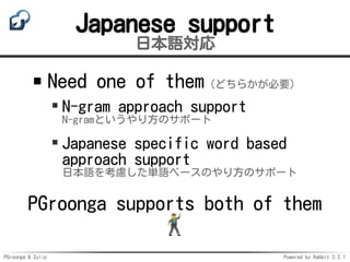 PGroonga & Zulip Powered by Rabbit 2.2.1
Japanese support
日本語対応
Need one of them（どちらかが必要）
N-gram approach support
N-gramというやり方のサポート
Japanese specific word based
approach support
日本語を考慮した単語ベースのやり方のサポート
PGroonga supports both of them
 