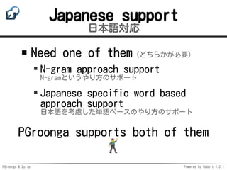 PGroonga & Zulip Powered by Rabbit 2.2.1
Japanese support
日本語対応
Need one of them（どちらかが必要）
N-gram approach support
N-gramとい...