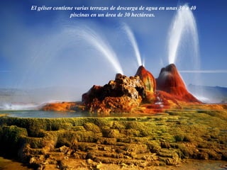 El géiser contiene varias terrazas de descarga de agua en unas 30 a 40
piscinas en un área de 30 hectáreas.
 