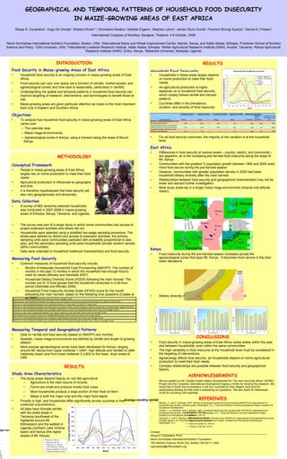 GEOGRAPHICAL AND TEMPORAL PATTERNS OF HOUSEHOLD FOOD INSECURITY IN MAIZE-GROWING AREAS OF EAST AFRICA Nilupa S. Gunaratna 1 , Hugo De Groote 2 , Shibani Ghosh 1,3 , Domisiano Mwabu 2 , Kebebe Ergano 4 , Stephen Lyimo 5 , James Okuro Ouma 6 , Florence Birungi Kyazze 7 , Dennis K. Friesen 2 International Congress of Nutrition, Bangkok, Thailand, 4-9 October, 2009 1 Nevin Scrimshaw International Nutrition Foundation, Boston, USA,  2 International Maize and Wheat Improvement Centre, Nairobi, Kenya, and Addis Ababa, Ethiopia,  3 Friedman School of Nutrition Science and Policy, Tufts University, USA,  4 International Livestock Research Institute, Addis Ababa, Ethiopia,  5 Selian Agricultural Research Institute (SARI), Arusha, Tanzania,  6 Kenya Agricultural Research Institute (KARI), Embu, Kenya,  7 Makerere University, Kampala, Uganda ,[object Object],[object Object],[object Object],[object Object],[object Object],[object Object],[object Object],[object Object],[object Object],[object Object],[object Object],[object Object],[object Object],[object Object],[object Object],[object Object],[object Object],[object Object],[object Object],[object Object],[object Object],[object Object],[object Object],[object Object],[object Object],[object Object],[object Object],[object Object],[object Object],[object Object],[object Object],[object Object],[object Object],[object Object],[object Object],[object Object],[object Object],[object Object],[object Object],[object Object],[object Object],[object Object],[object Object],[object Object],[object Object],[object Object],[object Object],[object Object],[object Object],[object Object],[object Object],[object Object],[object Object],[object Object],[object Object],[object Object],[object Object],[object Object],[object Object],[object Object],[object Object],[object Object],[object Object],[object Object],[object Object],[object Object],[object Object],[object Object],[object Object],[object Object],HFIAS Score 