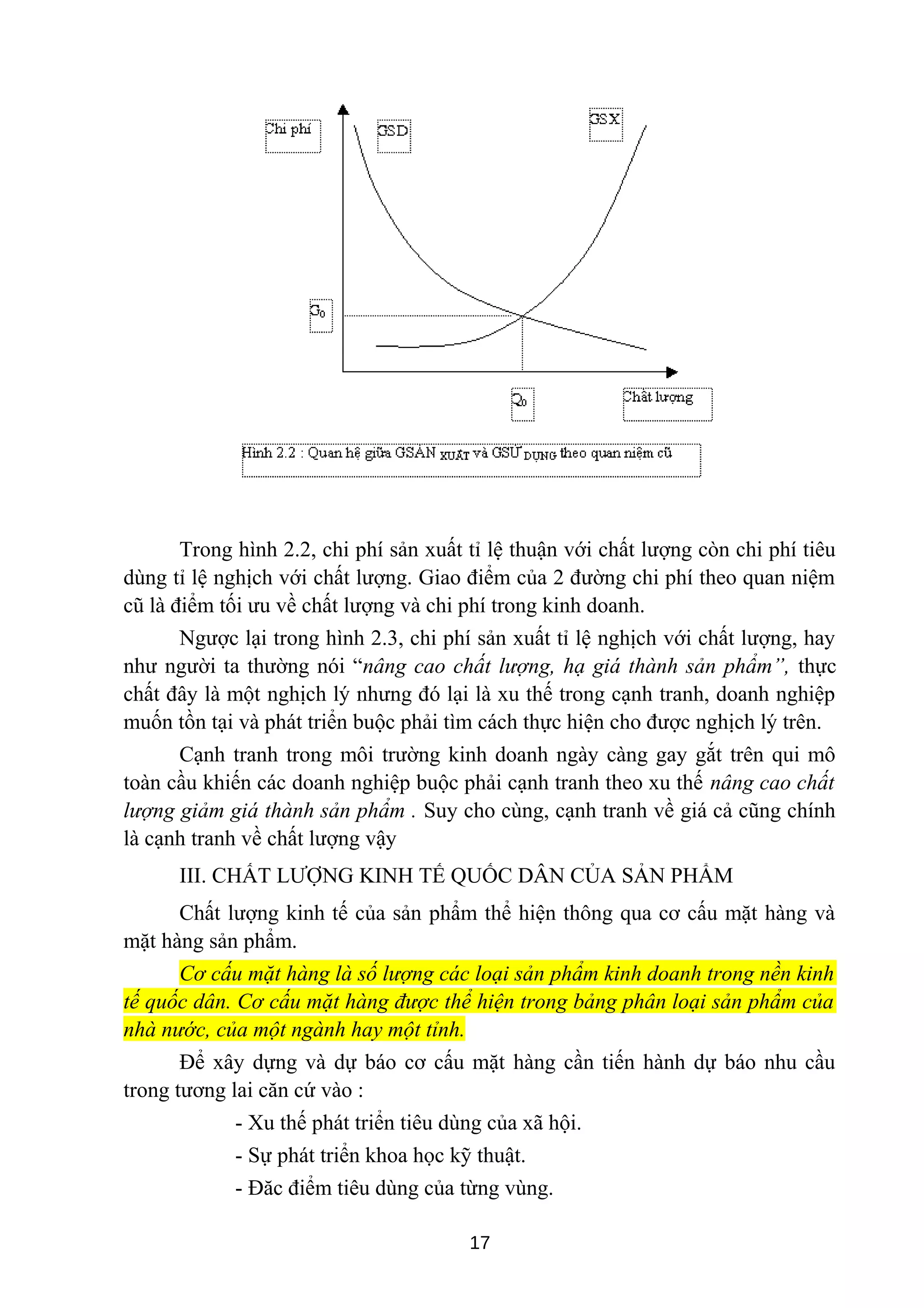 Trong hình 2.2, chi phí sản xuất tỉ lệ thuận với chất lượng còn chi phí tiêu
dùng tỉ lệ nghịch với chất lượng. Giao điểm của 2 đường chi phí theo quan niệm
cũ là điểm tối ưu về chất lượng và chi phí trong kinh doanh.
Ngược lại trong hình 2.3, chi phí sản xuất tỉ lệ nghịch với chất lượng, hay
như người ta thường nói “nâng cao chất lượng, hạ giá thành sản phẩm”, thực
chất đây là một nghịch lý nhưng đó lại là xu thế trong cạnh tranh, doanh nghiệp
muốn tồn tại và phát triển buộc phải tìm cách thực hiện cho được nghịch lý trên.
Cạnh tranh trong môi trường kinh doanh ngày càng gay gắt trên qui mô
toàn cầu khiến các doanh nghiệp buộc phải cạnh tranh theo xu thế nâng cao chất
lượng giảm giá thành sản phẩm . Suy cho cùng, cạnh tranh về giá cả cũng chính
là cạnh tranh về chất lượng vậy
III. CHẤT LƯỢNG KINH TẾ QUỐC DÂN CỦA SẢN PHẨM
Chất lượng kinh tế của sản phẩm thể hiện thông qua cơ cấu mặt hàng và
mặt hàng sản phẩm.
Cơ cấu mặt hàng là số lượng các loại sản phẩm kinh doanh trong nền kinh
tế quốc dân. Cơ cấu mặt hàng được thể hiện trong bảng phân loại sản phẩm của
nhà nước, của một ngành hay một tỉnh.
Để xây dựng và dự báo cơ cấu mặt hàng cần tiến hành dự báo nhu cầu
trong tương lai căn cứ vào :
- Xu thế phát triển tiêu dùng của xã hội.
- Sự phát triển khoa học kỹ thuật.
- Đăc điểm tiêu dùng của từng vùng.
17
 