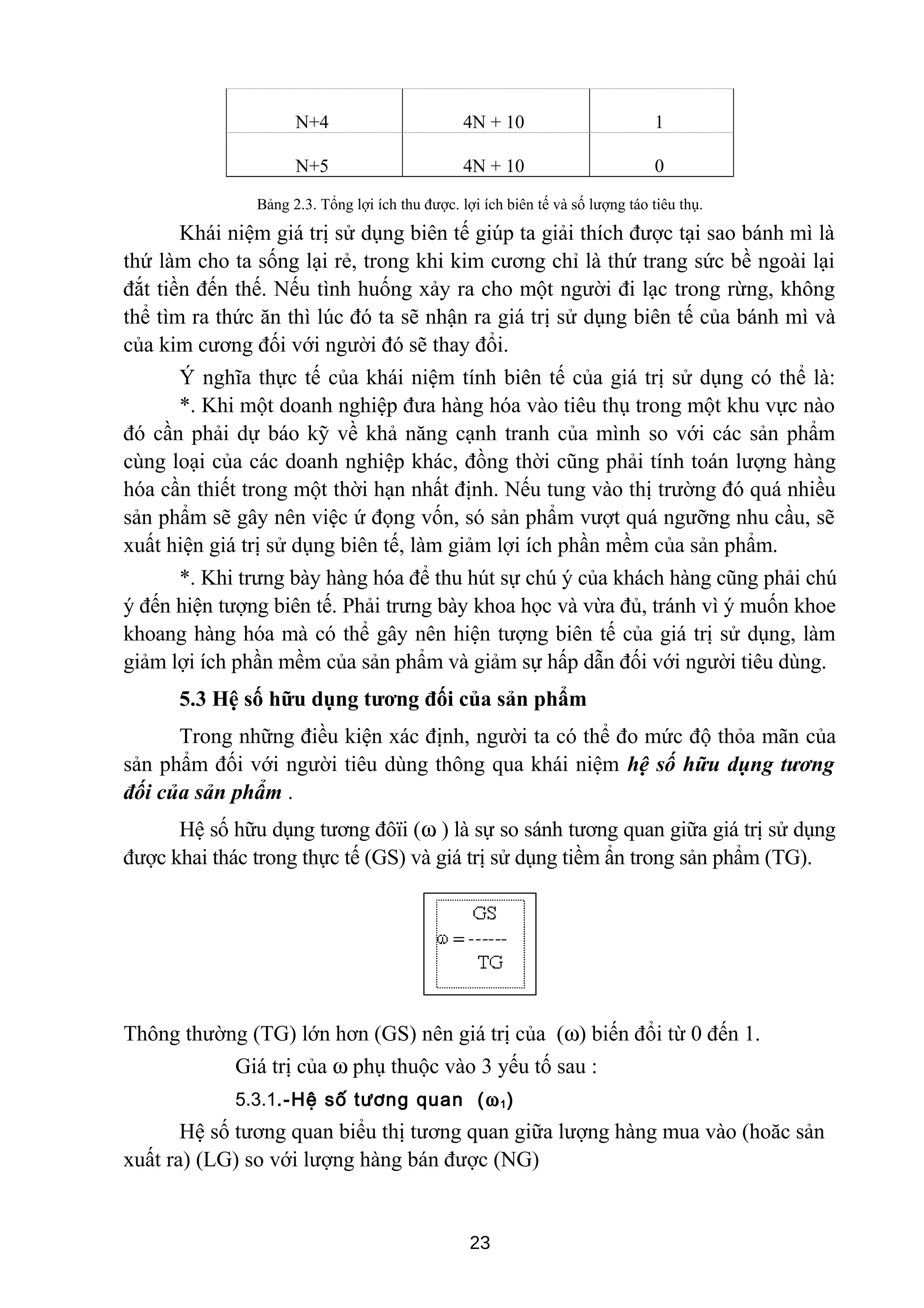 N+4 4N + 10 1
N+5 4N + 10 0
Bảng 2.3. Tổng lợi ích thu được. lợi ích biên tế và số lượng táo tiêu thụ.
Khái niệm giá trị sử dụng biên tế giúp ta giải thích được tại sao bánh mì là
thứ làm cho ta sống lại rẻ, trong khi kim cương chỉ là thứ trang sức bề ngoài lại
đắt tiền đến thế. Nếu tình huống xảy ra cho một người đi lạc trong rừng, không
thể tìm ra thức ăn thì lúc đó ta sẽ nhận ra giá trị sử dụng biên tế của bánh mì và
của kim cương đối với người đó sẽ thay đổi.
Ý nghĩa thực tế của khái niệm tính biên tế của giá trị sử dụng có thể là:
*. Khi một doanh nghiệp đưa hàng hóa vào tiêu thụ trong một khu vực nào
đó cần phải dự báo kỹ về khả năng cạnh tranh của mình so với các sản phẩm
cùng loại của các doanh nghiệp khác, đồng thời cũng phải tính toán lượng hàng
hóa cần thiết trong một thời hạn nhất định. Nếu tung vào thị trường đó quá nhiều
sản phẩm sẽ gây nên việc ứ đọng vốn, só sản phẩm vượt quá ngưỡng nhu cầu, sẽ
xuất hiện giá trị sử dụng biên tế, làm giảm lợi ích phần mềm của sản phẩm.
*. Khi trưng bày hàng hóa để thu hút sự chú ý của khách hàng cũng phải chú
ý đến hiện tượng biên tế. Phải trưng bày khoa học và vừa đủ, tránh vì ý muốn khoe
khoang hàng hóa mà có thể gây nên hiện tượng biên tế của giá trị sử dụng, làm
giảm lợi ích phần mềm của sản phẩm và giảm sự hấp dẫn đối với người tiêu dùng.
5.3 Hệ số hữu dụng tương đối của sản phẩm
Trong những điều kiện xác định, người ta có thể đo mức độ thỏa mãn của
sản phẩm đối với người tiêu dùng thông qua khái niệm hệ số hữu dụng tương
đối của sản phẩm .
Hệ số hữu dụng tương đôïi (ω ) là sự so sánh tương quan giữa giá trị sử dụng
được khai thác trong thực tế (GS) và giá trị sử dụng tiềm ẩn trong sản phẩm (TG).
Thông thường (TG) lớn hơn (GS) nên giá trị của (ω) biến đổi từ 0 đến 1.
Giá trị của ω phụ thuộc vào 3 yếu tố sau :
5.3.1.-Hệ số tương quan (ω1)
Hệ số tương quan biểu thị tương quan giữa lượng hàng mua vào (hoăc sản
xuất ra) (LG) so với lượng hàng bán được (NG)
23
 