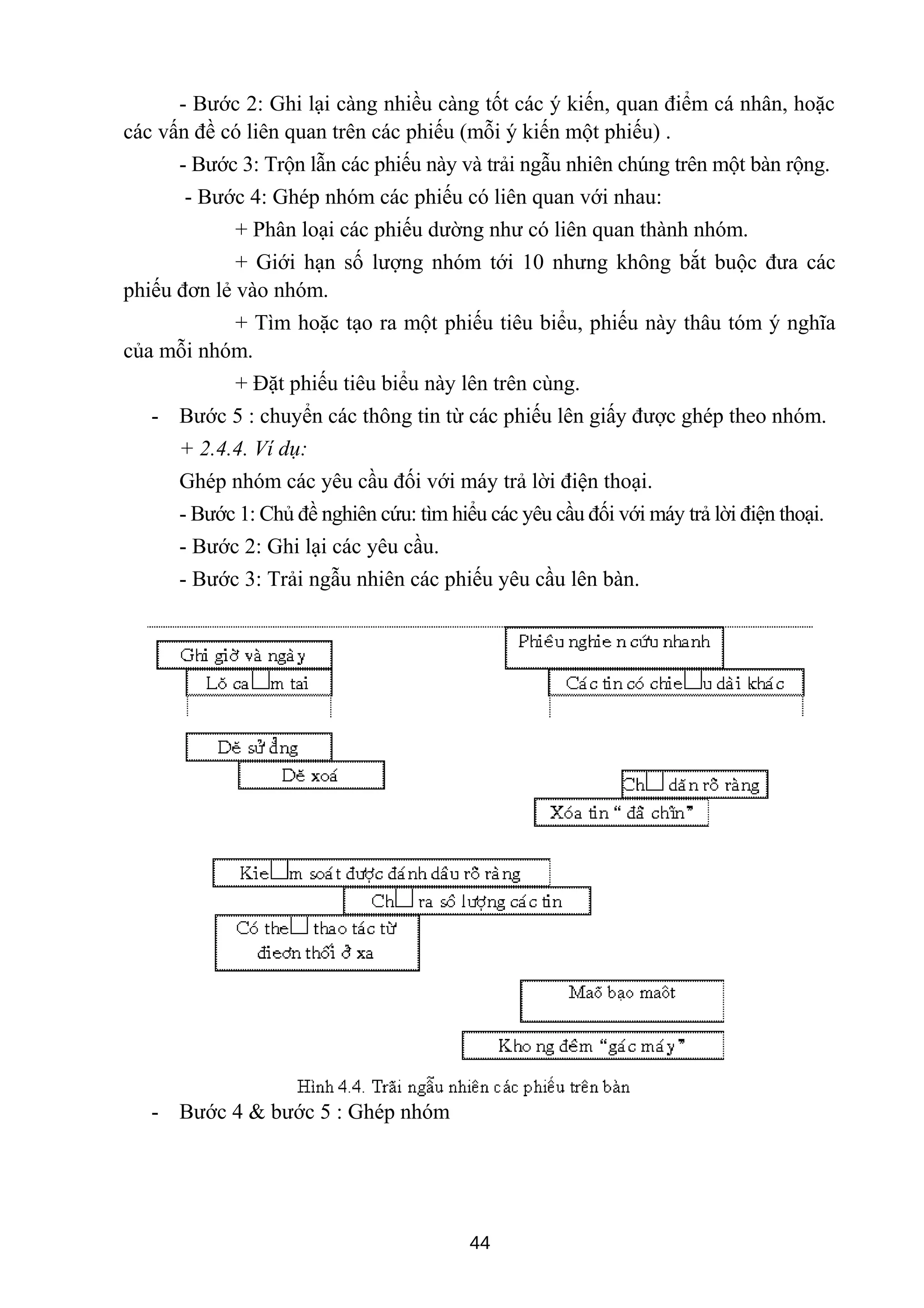 - Bước 2: Ghi lại càng nhiều càng tốt các ý kiến, quan điểm cá nhân, hoặc
các vấn đề có liên quan trên các phiếu (mỗi ý kiến một phiếu) .
- Bước 3: Trộn lẫn các phiếu này và trải ngẫu nhiên chúng trên một bàn rộng.
- Bước 4: Ghép nhóm các phiếu có liên quan với nhau:
+ Phân loại các phiếu dường như có liên quan thành nhóm.
+ Giới hạn số lượng nhóm tới 10 nhưng không bắt buộc đưa các
phiếu đơn lẻ vào nhóm.
+ Tìm hoặc tạo ra một phiếu tiêu biểu, phiếu này thâu tóm ý nghĩa
của mỗi nhóm.
+ Đặt phiếu tiêu biểu này lên trên cùng.
- Bước 5 : chuyển các thông tin từ các phiếu lên giấy được ghép theo nhóm.
+ 2.4.4. Ví dụ:
Ghép nhóm các yêu cầu đối với máy trả lời điện thoại.
- Bước 1: Chủ đề nghiên cứu: tìm hiểu các yêu cầu đối với máy trả lời điện thoại.
- Bước 2: Ghi lại các yêu cầu.
- Bước 3: Trải ngẫu nhiên các phiếu yêu cầu lên bàn.
- Bước 4 & bước 5 : Ghép nhóm
44
 