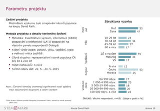 Kauza David Rath strana 16
Parametry projektu
Zadání projektu
Předmětem výzkumu bylo zmapování názorů populace
na kauzu David Rath.
Metoda projektu a detaily terénního šetření
 Metodika: Kvantitativní výzkum, internetové (CAWI)
dotazování a telefonické (CATI) dotazování na
vlastním panelu respondentů Dialog®
 Kvótní výběr podle: pohlaví, věku, vzdělání, kraje
a velikosti místa bydliště
 Cílová skupina: reprezentativní vzorek populace ČR
pro 18 a více let
 Počet rozhovorů: n=631
 Termín sběru dat: 22. 5. -24. 5. 2015
Pozn.: Červené rámečky znamenají signifikantní rozdíl zjištěný
mezi zkoumanými skupinami a celým vzorkem
Titulní strana: Autorem použité fotografie je Konstantin Tilikin, snímek byl mírně upravený
(flickr.com)
53
47
23
34
27
17
49
34
17
12
53
35
17
23
18
20
23
Muž
Žena
18-29 let
30-44 let
45-59 let
60 a více
ZŠ a vyučen
Maturita
VŠ
Praha
Čechy
Morava
Do 999 obyv.
1 000-4 999 obyv.
5 000-19 999 obyv.
20 000-99 999 obyv.
100 000 obyv. a více
Pohl
avíVěkVzděláníRegion
Velikost
obce
Struktura vzorku
ZÁKLAD: Všichni respondenti, n=631 [údaje v grafu v %]
 