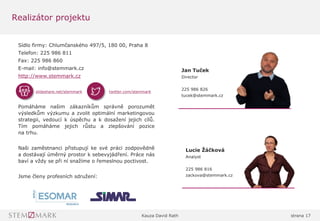 Kauza David Rath strana 17
Realizátor projektu
Sídlo firmy: Chlumčanského 497/5, 180 00, Praha 8
Telefon: 225 986 811
Fax: 225 986 860
E-mail: info@stemmark.cz
http://www.stemmark.cz
slideshare.net/stemmark twitter.com/stemmark
Pomáháme našim zákazníkům správně porozumět
výsledkům výzkumu a zvolit optimální marketingovou
strategii, vedoucí k úspěchu a k dosažení jejich cílů.
Tím pomáháme jejich růstu a zlepšování pozice
na trhu.
Naši zaměstnanci přistupují ke své práci zodpovědně
a dostávají úměrný prostor k sebevyjádření. Práce nás
baví a vždy se při ní snažíme o řemeslnou poctivost.
Jsme členy profesních sdružení:
Jan Tuček
Director
225 986 826
tucek@stemmark.cz
Lucie Žáčková
Analyst
225 986 816
zackova@stemmark.cz
 