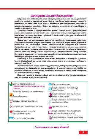 ШАНОВНІ ДЕСЯТИКЛАСНИКИ!
Обравши для себе опанування змісту української мови на академічному
рівні, ви зробили важливий крок. Обсяг здобутих вами мовних знань та
мовленнєвих умінь має бути цілком достатнім для подальшого навчання у
вищих навчальних закладах. Отже, ви свідомо пов’язали своє майбутнє зі
здобуттям вищої освіти.
У глибинах мови — зосередженість думки, сувора логіка, філософський
розум, витончений естетичний смак, поетичне чуття, високі духовні злети.
Мовлення людини виявляє рівень її загальної культури, освіченості,
внутрішньої інтелігентності.
Цього року ви вивчатимете практичну стилістику та культуру мовлення.
Опановуючи норми літературної мови, ви навчитеся правильно добирати,
вимовляти й записувати слова, змінювати їх та сполучати між собою.
Звертаючись до азів стилістики, будете використовувати синонімічні
багатства мови, уникати невиправданих запозичень, із кількох можливих
мовних варіантів вибираючи найточніший, найдоречніший і найвиразніший.
Ви осягатимете культуру мовлення, що забезпечить не тільки правильне, а й
майстерне використання мовних засобів.
Кожному з нас доводиться повсякчас вибирати – вибирати доречне
слово, відповідний до умов стиль мовлення, стиль свого життя, вибирати,
нарешті, майбутнє…
Упродовж усього життя кожному доводиться вибирати між добром і злом,
людяністю та байдужістю, принциповістю і пристосуванством. Вибір ми
робимо протягом усього життя, свідомо і підсвідомо, охоче і під примусом.
Усе життя людини — вибір.
Якщо хоч трохи в такому виборі вам щось підкаже й у чомусь допоможе
наш підручник, ми будемо щасливі.
Хай вам щастить на шляху пізнання!
3
Важливі теоретичні відомості
Червонимвиділеноматеріалдлязаучування
напам’ять
Теоретичні відомості для ознайомлення
Домашні завдання
Завдання підвищеної складності
Завдання для інтерактивного навчання
Завдання для всіх, хто прагне
зрозуміти мистецтво
Профорієнтаційні завдання
Міжпредметні завдання
Завдання для всіх, хто товаришує
з комп’ютером
Завдання для всіх, кому подобається
мріяти та фантазувати
Завдання для всіх, хто хоче навчитися
мислити самостійно
Проектна діяльність
Завдання для всіх, хто готується жити
в інформаційному суспільстві
Завдання для всіх, хто любить жартувати
titul_zmist_10.qxp 06.08.2010 19:17 Page 3
 
