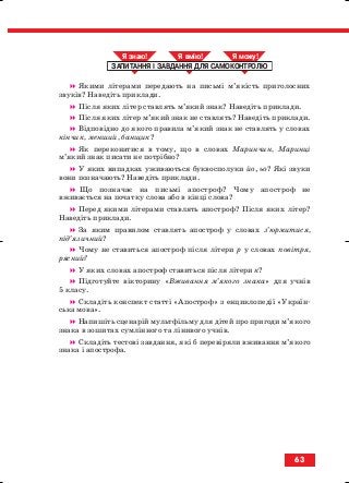 Якими літерами передають на письмі м’якість приголосних
звуків? Наведіть приклади.
Після яких літер ставлять м’який знак? Наведіть приклади.
Після яких літер м’який знак не ставлять? Наведіть приклади.
Відповідно до якого правила м’який знак не ставлять у словах
кінчик, менший, банщик?
Як переконатися в тому, що в словах Маринчин, Маринці
м’який знак писати не потрібно?
У яких випадках уживаються буквосполуки йо, ьо? Які звуки
вони позначають? Наведіть приклади.
Що позначає на письмі апостроф? Чому апостроф не
вживається на початку слова або в кінці слова?
Перед якими літерами ставлять апостроф? Після яких літер?
Наведіть приклади.
За яким правилом ставлять апостроф у словах з’юрмитися,
під’язичний?
Чому не ставиться апостроф після літери р у словах повітря,
рясний?
У яких словах апостроф ставиться після літери к?
Підготуйте вікторину «Вживання м’якого знака» для учнів
5 класу.
Складіть конспект статті «Апостроф» з енциклопедії «Україн
ська мова».
Напишіть сценарій мультфільму для дітей про пригоди м’якого
знака в зошитах сумлінного та лінивого учнів.
Складіть тестові завдання, які б перевіряли вживання м’якого
знака і апострофа.
ЗАПИТАННЯ І ЗАВДАННЯ ДЛЯ САМОКОНТРОЛЮ
Я знаю! Я вмію! Я мож !
63
block_10_2010-12-05-2010-3.qxp 06.08.2010 20:55 Page 63
 