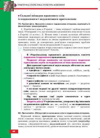 •• Складні випадки правопису слів
із подвоєнням і подовженням приголосних
79. Прочитайте. Визначте слова з подвоєними літерами, відтворіть їх
фонетичною транскрипцією.
1. Українська мова в Україні — мова корінної і найчисленнішої
нації. Очевидним є те, що повноцінно розвиватися вона може тільки
в Україні (З газети). 2. Кожна мова і кожна культура абсолютно
самоцінні відповідно до абсолютної самоцінності кожної людини і
кожного народу. Але навіть за умови сприйняття цього загального
принципу шлях до конкретних розв’язань конкретних проблем
тяжкий, плутаний і часом нездоланний (З журналу).
У яких словах подвоєні літери позначають подвоєні приголосні звуки?
Подовжені м’які приголосні? Поясніть.
В «Українському правописі» розмежовують поняття
подвоєння і подовження приголосних.
Подвоєні літери вживають на позначення подвоєних
приголосних звуків та подовжених м’яких приголосних.
Два однакові приголосні звуки можуть збігатися на межі
значущих частин слова:
•• префікса і кореня: наддніпрянський, віддаль, ззаду,
заввишки, роззброїти, беззахисний;
•• кореня та суфікса н (ий): туманний; ранній; баштанник;
годинник;
•• двох суфіксів: письменник, глибинний;
•• дієслівної основи та постфікса ся: розріс — розрісся;
тряс — трясся;
•• на межі першої та другої частин складноскорочених
слів: юннат (юний натураліст); військкомат (військовий
комісаріат).
Під час вимови такі звуки зливаються в один
подовжений: [в’ід:ати], [ціін:ий].
Зверніть увагу! У прикметниках, утворених від іменників
за допомогою суфіксів ан , ян , ин ( їн ), н не подвоюється:
гречка — гречаний; глина — глиняний; орел — орлиний;
чайка — чаїний.
80. Прочитайте. Обґрунтуйте написання слів із подвоєними літерами.
Курінний отаман; прикордонна межа; вагонні колеса; сонний
голос; камінне тепло; органний зал; відданість мистецтву; дикий
ожинник; розрісся малинник; донісся голос; сучасний спорттабір;
зупинка «Академмістечко»; наддунайський ліс; могутня наддер
жава; сучасні політтехнології; двохсоттисячний мешканець міста.
64
ПРАКТИЧНА СТИЛІСТИКА І КУЛЬТУРА МОВЛЕННЯ
block_10_2010-12-05-2010-3.qxp 06.08.2010 20:55 Page 64
 