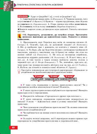З рук не [наробие
сі:а], з очей не [надивие
сі:а].
1. І снується мови щедра нить (А. Малишко). 2. Червона калино, чого
в лузі гнешся? (І. Франко). 3. Бджола — відома трудівниця, ніяк їй дома
не сидиться (А. Пашківський). 4. Стара лисиця від собак захиститься.
5. Як топишся, то й за голку схопишся (Народна творчість).
Вимовте виділені слова, дотримуючи норм орфоепії. Поясніть написання
цих слів.
113. Перепишіть, уставляючи, де потрібно літери. Прочитайте
написане відповідно до орфоепічних норм. Позначте в словах
орфограми.
1. Пропливають зорі України над моїм ві..чиненим вікном (В.
Сосюра). 2. Спасибі, пре..ки, за духовний спадок! (Л. Костенко).
3. Віт..р шибками грає і дзвонить, не влетить у кімнату ніяк (В.
Сосюра). 4. Та боро..ьба ще буде йти віками з потворами труйними й
павуками, допоки з павутиння зла й брехні не вийде лю..ство на
шляхи сяйні! (Д. Павличко). 5. По кла..ці молодиця перейшла,
похитуючи відрами дзвінкими (М. Рильський). 6. В хаті тихо, як у
пус..ці. А тим часом у трьох вікнах майнула жіноча голова в
червоній хус..ці (І. Нечуй Левицький). 7. Ти, звичайно, при зага..ці,
чому рано так померкли навіть айстри в нас на гря..ці (Л. Тендюк).
8. На блю..ця літаючі в соняхів схожі обличчя (Є. Гуцало).
Підготуйте повідомлення для популярної радіопередачі «Спрощення та
уподібнення як засоби милозвучності української мови».
У чому суть спрощення в групах приголосних звуків? Чи є
спрощення засобом милозвучності мови? Поясніть.
У яких групах приголосних відбувається спрощення? Наведіть
приклади слів зі спрощенням.
Накресліть таблицю «Спрощення в групах приголосних».
У яких випадках спрощення приголосних передається на
письмі? У яких — відбувається лише в усному мовленні? Наведіть
приклади.
Чим зумовлене уподібнення приголосних? За якими ознаками
приголосні уподібнюються?
Чи відбивається це явище усного мовлення на письмі? Наведіть
приклади.
Складіть тестові завдання, які б перевіряли знання правил про
спрощення та уподібнення приголосних в українській мові.
ЗАПИТАННЯ І ЗАВДАННЯ ДЛЯ САМОКОНТРОЛЮ
Я знаю! Я вмію! Я мож !
82
ПРАКТИЧНА СТИЛІСТИКА І КУЛЬТУРА МОВЛЕННЯ
block_10_2010-12-05-2010-3.qxp 06.08.2010 20:56 Page 82
 