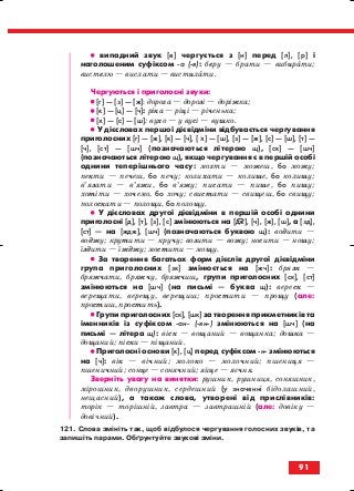 •• випадний звук [е] чергується з [и] перед [л], [р] і
наголошеним суфіксом а ( я): беру — брати — вибирати;
вистелю — вислати — вистилати.
Чергуються і приголосні звуки:
•• [г] — [з] — [ж]: дорога — дорозі — доріжка;
•• [к] — [ц] — [ч]: ріка — ріці — річенька;
•• [х] — [с] — [ш]: вухо — у вусі — вушко.
•• У дієсловах першої дієвідміни відбувається чергування
приголосних [г] — [ж], [к] — [ч], [ х] — [ш], [з] — [ж], [с] — [ш], [т] —
[ч], [ст] — [шч] (позначаються літерою щ), [ск] — [шч]
(позначаються літерою щ), якщо чергування є в першій особі
однини теперішнього часу: могти — можеш, бо можу;
пекти — печеш, бо печу; колихати — колише, бо колишу;
в’язати — в’яжи, бо в’яжу; писати — пише, бо пишу;
хотіти — хочемо, бо хочу; свистати — свищеш, бо свищу;
полоскати — полощи, бо полощу.
•• У дієсловах другої дієвідміни в першій особі однини
приголосні [д], [т], [з], [с] змінюються на [дж], [ч], [ж], [ш], а [зд],
[ст] — на [ждж], [шч] (позначаються буквою щ): водити —
воджу; крутити — кручу; возити — вожу; носити — ношу;
їздити — їжджу; мостити — мощу.
•• За творення багатьох форм дієслів другої дієвідміни
група приголосних [зк] змінюється на [жч]: брязк —
бряжчати, бряжчу, бряжчиш, групи приголосних [ск], [ст]
змінюються на [шч] (на письмі — буква щ): вереск —
верещати, верещу, верещиш; простити — прощу (але:
простиш, простить).
•• Групи приголосних [ск], [шк] за творення прикметників та
іменників із суфіксом ан ( ян ) змінюються на [шч] (на
письмі — літера щ): віск — вощаний — вощанка; дошка —
дощаний; піски — піщаний.
•• Приголосні основи [к], [ц] перед суфіксом н змінюються
на [ч]: вік — вічний; молоко — молочний; пшениця —
пшеничний; сонце — сонячний; яйце — яєчня.
Зверніть увагу на винятки: рушник, рушниця, соняшник,
мірошник, дворушник, сердешний (у значенні бідолашний,
нещасний), а також слова, утворені від прислівників:
торік — торішній, завтра — завтрашній (але: довіку —
довічний).
121. Слова змініть так, щоб відбулося чергування голосних звуків, та
запишіть парами. Обґрунтуйте звукові зміни.
91
block_10_2010-12-05-2010-3.qxp 06.08.2010 20:57 Page 91
 