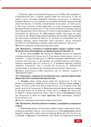 1. Будьмо, (друг), чесними (В. Крикуненко). 2. Жду тебе, (парубок),
в батьківській хаті, у твоєму ріднім краю (В. Симоненко). 3. Ой, не
шуми, (луг), зелений (байрак)! (Народна творчість). 4. Дивися,
(князь)! Бачиш ти, як близько за пагорбом блищить монгольський
спис? (М. Бажан). 5. Cмійся, лютий (враг), та не дуже… (Т. Шевченко).
6. Не ходи, (козак), понад берегами, не суши серденька чорними
бровами (Народна творчість). 7. Ох, коли б скоріше, (хлопець), мрії ті
твої справдились (Леся Українка). 8. А ти ж куди мандруєш, ласкавий
(чоловік)? (А. Малишко). 9. (Мисливець) юний, вже пора на лови
(Є. Гуцало). 10. Жорстокий (стрілець)! Будь проклятий твій недобрий
зір, що цілить і вбиває! (Р. Бернс). 11. Я знаю, ти створений так і не
можеш інакше, проте бережись мого пострілу, чуєш, (хижак)!
(Н. Диб’як). 12. Підведись, (юнак), серце дай гаряче (А. Малишко).
Поясніть уживання в реченнях розділових знаків.
126. Перепишіть, ставлячи в потрібній формі подані в дужках слова.
Які фонетичні зміни відбулися за формотворення? Поясніть їх.
1. Вечір. Дощ осінній. Ми йдемо по Львову, (ткати) по (дорога)
килимок розмову (Д. Павличко). 2. Я не витаю поміж хмар, тому я в
(лірика) — сухар (А. Бортняк). 3. Люблю (загроза), (небезпека) у вічі
глянути (М. Доленго). 4. На фініші чи злетній (смуга) хай будуть
завжди справжні друзі (Л. Процик). 5. У потайній кишені піджака
червінці зледеніли, мов у (льох) (Б. Олійник). 6. Сріблястий
подорожник із долоньок дає (комаха) чистої води (С. Короненко).
Зробіть фонетичний розбір виділених слів за схемою, поданою в
«Довідковому бюро».
127. Перепишіть, подаючи після виділених слів у дужках дібрані вами
форми дієслів із чергуванням приголосних.
1. Колише рідна пісня нашу долю (П. Перебийніс). 2. Як все
біжить, як міниться, тече! (Б. Олександрів). 3. Ллється море, плеще в
берег, б’ється в сірі скелі (Олександр Олесь). 4. З туманів осінь тче
рясну кулісу (В. Сторожук). 5. Важкими росами трава намокла плаче
(І. Качуровський). 6. А вітер не співає вже, а свище (М. Гриценко).
7. Поруч у росах купається птах, поруч у росах полощеться сарна
(М. Петренко). 8. Всіх вас зараз пригощу. Вам, медведику, борщу?
(Олександр Олесь).
Поясніть чергування приголосних звуків у дієсловах.
128. Прочитайте. Поясніть фонетичні явища, що відбулись у виділених
словах.
1. Я погладжу траву, наче теплого доброго звіра, задивлюся в ріку,
зачаруюсь різьбою листка… (О. Слоньовська). 2. На розбуджену землю
впадуть первоцвіти, вмиє сонце усміхнене Божа роса (О. Кононенко).
3. Ходжу я, броджу по вишневому саду. Ніхто не приходить мені на
93
block_10_2010-12-05-2010-3.qxp 06.08.2010 20:57 Page 93
 