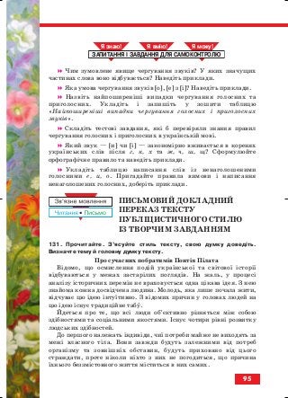 Чим зумовлене явище чергування звуків? У яких значущих
частинах слова воно відбувається? Наведіть приклади.
Яка умова чергування звуків [о], [е] з [і]? Наведіть приклади.
Назвіть найпоширеніші випадки чергування голосних та
приголосних. Укладіть і запишіть у зошити таблицю
«Найпоширеніші випадки чергування голосних і приголосних
звуків».
Складіть тестові завдання, які б перевіряли знання правил
чергування голосних і приголосних в українській мові.
Який звук — [и] чи [і] — закономірно вживається в коренях
українських слів після г, к, х та ж, ч, ш, щ? Сформулюйте
орфографічне правило та наведіть приклади.
Укладіть таблицю написання слів із ненаголошеними
голосними е, и, о. Пригадайте правила вимови і написання
ненаголошених голосних, доберіть приклади.
ПИСЬМОВИЙ ДОКЛАДНИЙ
ПЕРЕКАЗ ТЕКСТУ
ПУБЛІЦИСТИЧНОГО СТИЛЮ
ІЗ ТВОРЧИМ ЗАВДАННЯМ
131. Прочитайте. З’ясуйте стиль тексту, свою думку доведіть.
Визначте тему й головну думку тексту.
Про сучасних побратимів Понтія Пілата
Відомо, що осмислення подій української та світової історії
відбуваються у межах застарілих поглядів. На жаль, у процесі
аналізу історичних перемін не враховується одна цікава ідея. З нею
знайома кожна досвідчена людина. Молодь, яка лише почала жити,
відчуває цю ідею інтуїтивно. З відомих причин у головах людей на
цю ідею існує традиційне табу.
Йдеться про те, що всі люди об’єктивно різняться між собою
здібностями та соціальними якостями. Існує чотири рівні розвитку
людських здібностей.
До першого належать індивіди, чиї потреби майже не виходять за
межі власного тіла. Вони завжди будуть залежними від потреб
організму та зовнішніх обставин, будуть приховано від цього
страждати, проте ніколи ніхто з них не погодиться, що причина
їхнього беззмістовного життя міститься в них самих.
ЗАПИТАННЯ І ЗАВДАННЯ ДЛЯ САМОКОНТРОЛЮ
Я знаю! Я вмію! Я мож !
95
block_10_2010-12-05-2010-3.qxp 06.08.2010 20:58 Page 95
 