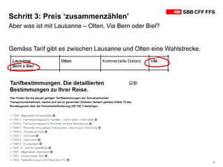 Schritt 3: Preis ‘zusammenzählen’
Gemäss Tarif gibt es zwischen Lausanne und Olten eine Wahlstrecke.
11
Aber was ist mit Lausanne – Olten, Via Bern oder Biel?
 