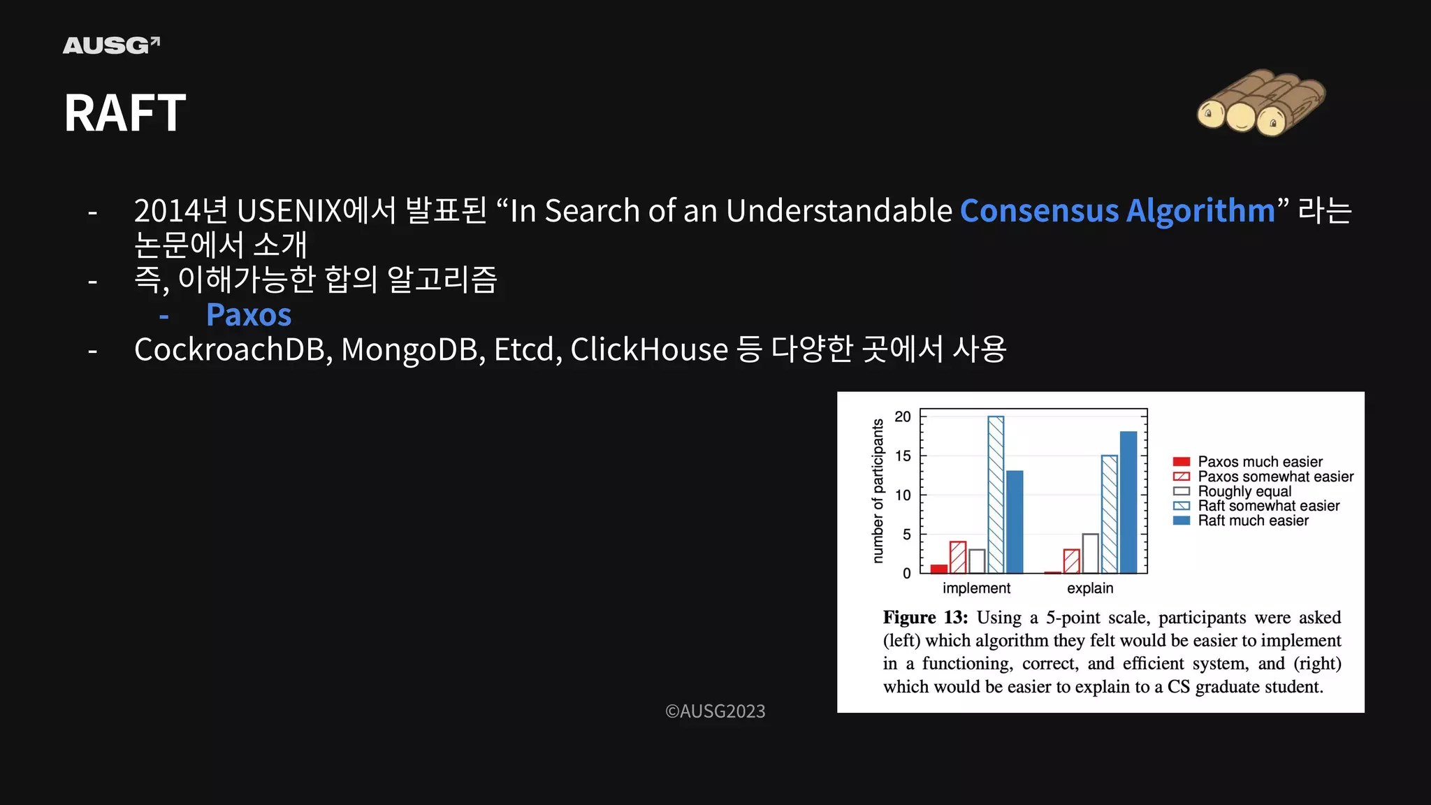 ©AUSG2023
©AUSG2023
- 2014년 USENIX에서 발표된 “In Search of an Understandable Consensus Algorithm” 라는
논문에서 소개
- 즉, 이해가능한 합의 알고리즘
- Paxos
- CockroachDB, MongoDB, Etcd, ClickHouse 등 다양한 곳에서 사용
RAFT
 