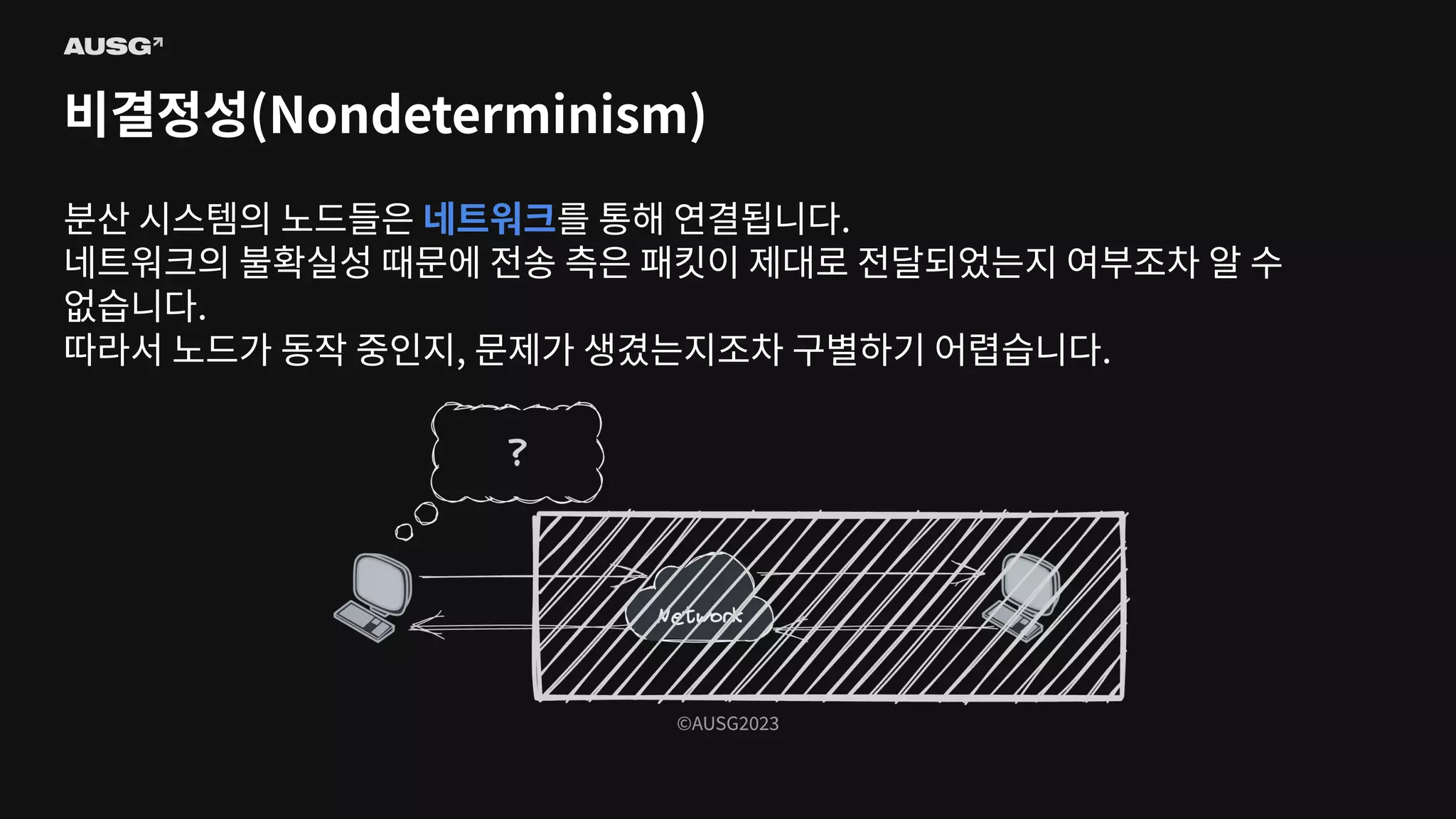©AUSG2023
©AUSG2023
비결정성(Nondeterminism)
분산 시스템의 노드들은 네트워크를 통해 연결됩니다.
네트워크의 불확실성 때문에 전송 측은 패킷이 제대로 전달되었는지 여부조차 알 수
없습니다.
따라서 노드가 동작 중인지, 문제가 생겼는지조차 구별하기 어렵습니다.
 