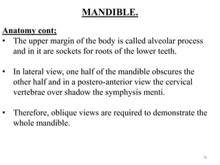 MANDIBLE.
Anatomy cont;
• The upper margin of the body is called alveolar process
and in it are sockets for roots of the lower teeth.
• In lateral view, one half of the mandible obscures the
other half and in a postero-anterior view the cervical
vertebrae over shadow the symphysis menti.
• Therefore, oblique views are required to demonstrate the
whole mandible.
78
 